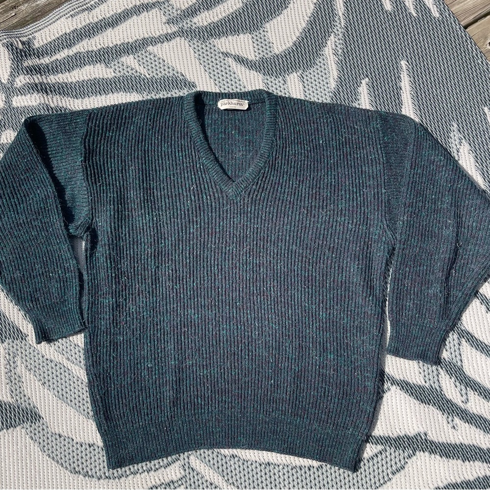Vintage Men’s M Wool Blend Sweater V-Neck Ribbed Knit Dark Teal Speckled 90s